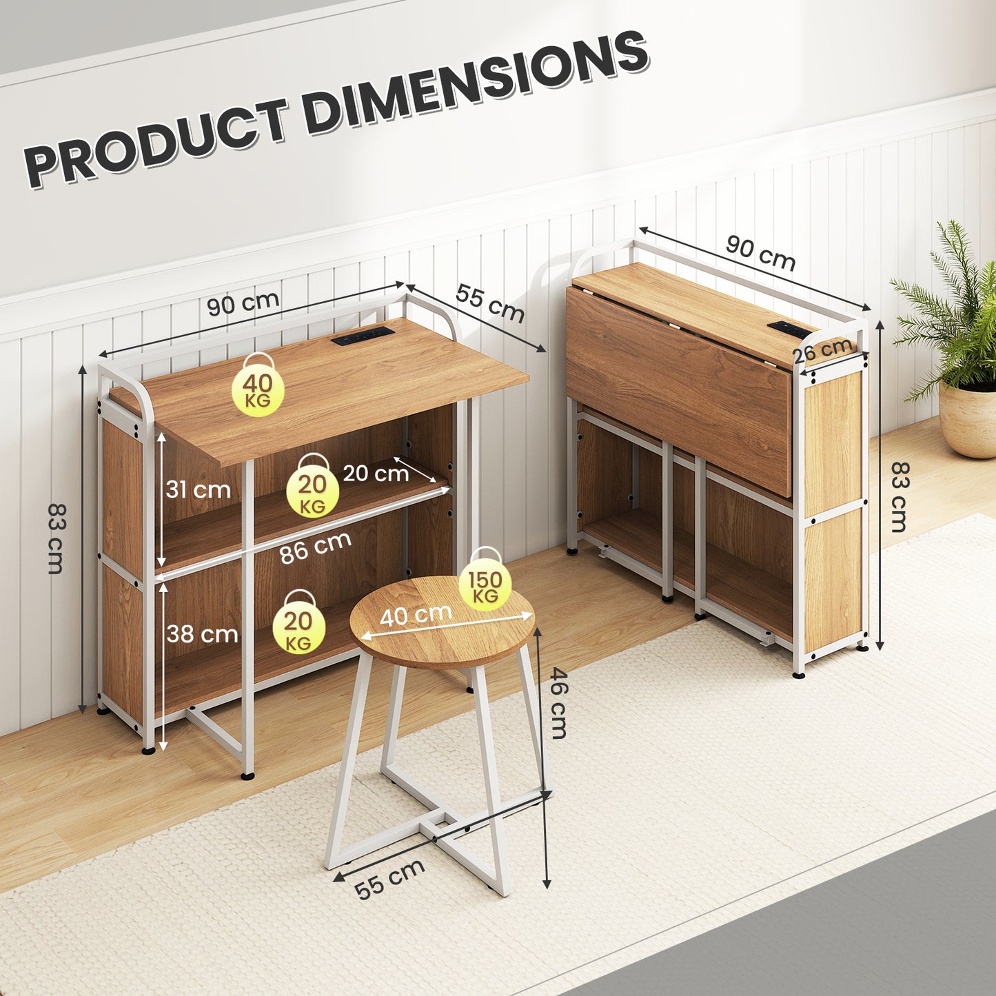Folding Computer Desk with Stool and Storage Shelves with AC Outlets-Natural