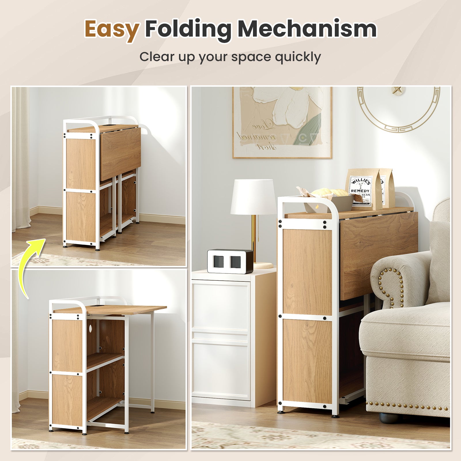 Folding Computer Desk with Stool and Storage Shelves with AC Outlets-Natural