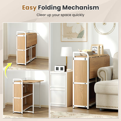 Folding Computer Desk with Stool and Storage Shelves with AC Outlets-Natural
