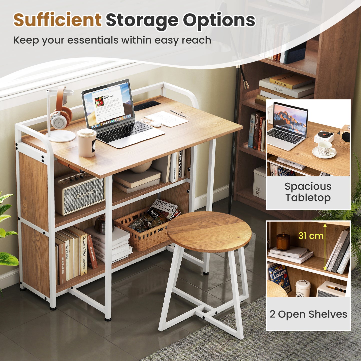 Folding Computer Desk with Stool and Storage Shelves with AC Outlets-Natural