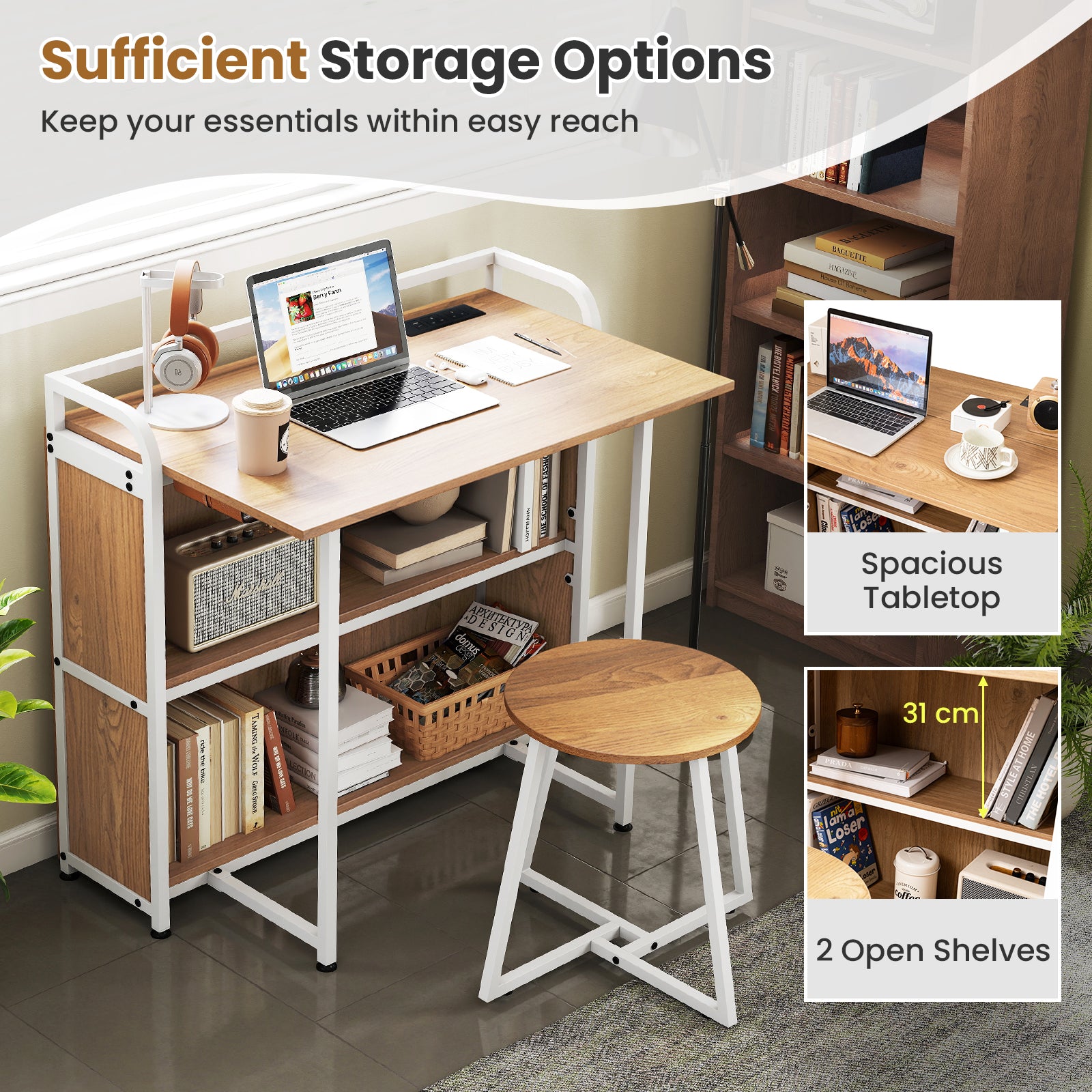 Folding Computer Desk with Stool and Storage Shelves with AC Outlets-Natural