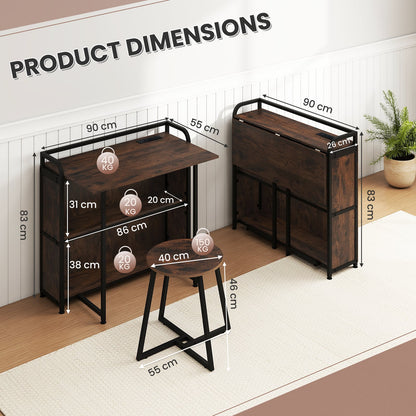 Folding Computer Desk with Stool and Storage Shelves with AC Outlets-Rustic Brown