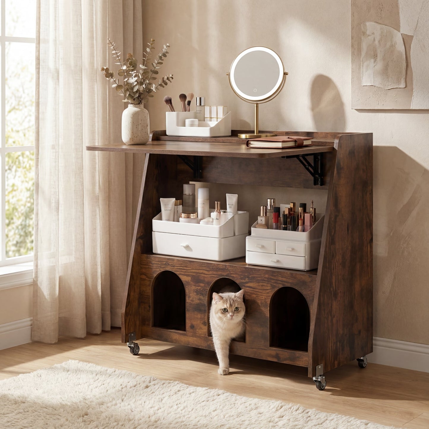 Folding Desk on Wheels with Storage Shelves and Compartments for Small Spaces-Rustic Brown