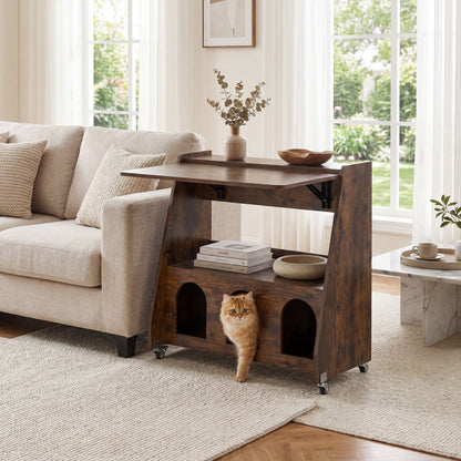 Folding Desk on Wheels with Storage Shelves and Compartments for Small Spaces-Rustic Brown