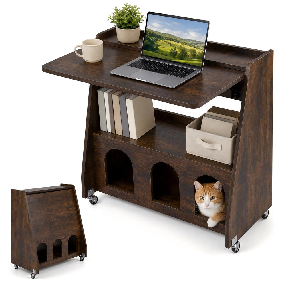 Folding Desk on Wheels with Storage Shelves and Compartments for Small Spaces-Rustic Brown