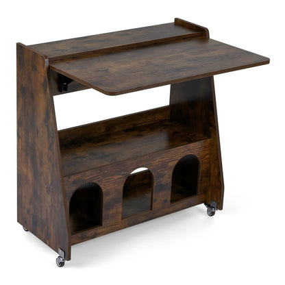 Folding Desk on Wheels with Storage Shelves and Compartments for Small Spaces-Rustic Brown