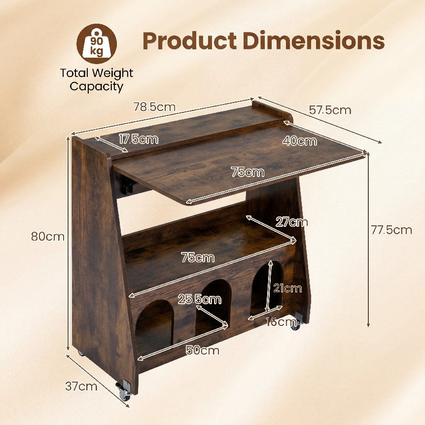 Folding Desk on Wheels with Storage Shelves and Compartments for Small Spaces-Rustic Brown