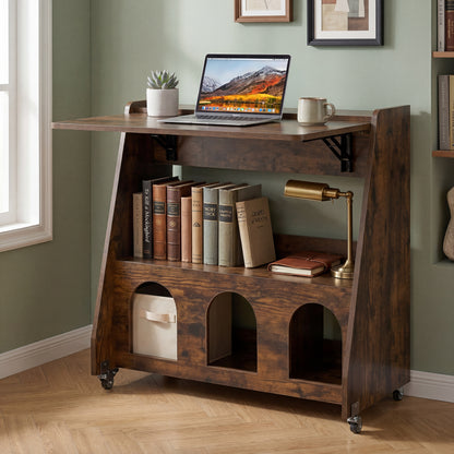 Folding Desk on Wheels with Storage Shelves and Compartments for Small Spaces-Rustic Brown