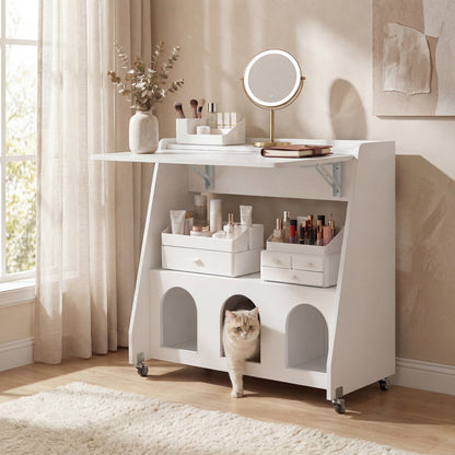 Folding Desk on Wheels with Storage Shelves and Compartments for Small Spaces-White