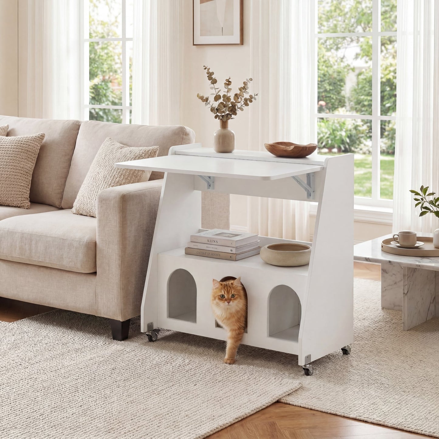 Folding Desk on Wheels with Storage Shelves and Compartments for Small Spaces-White