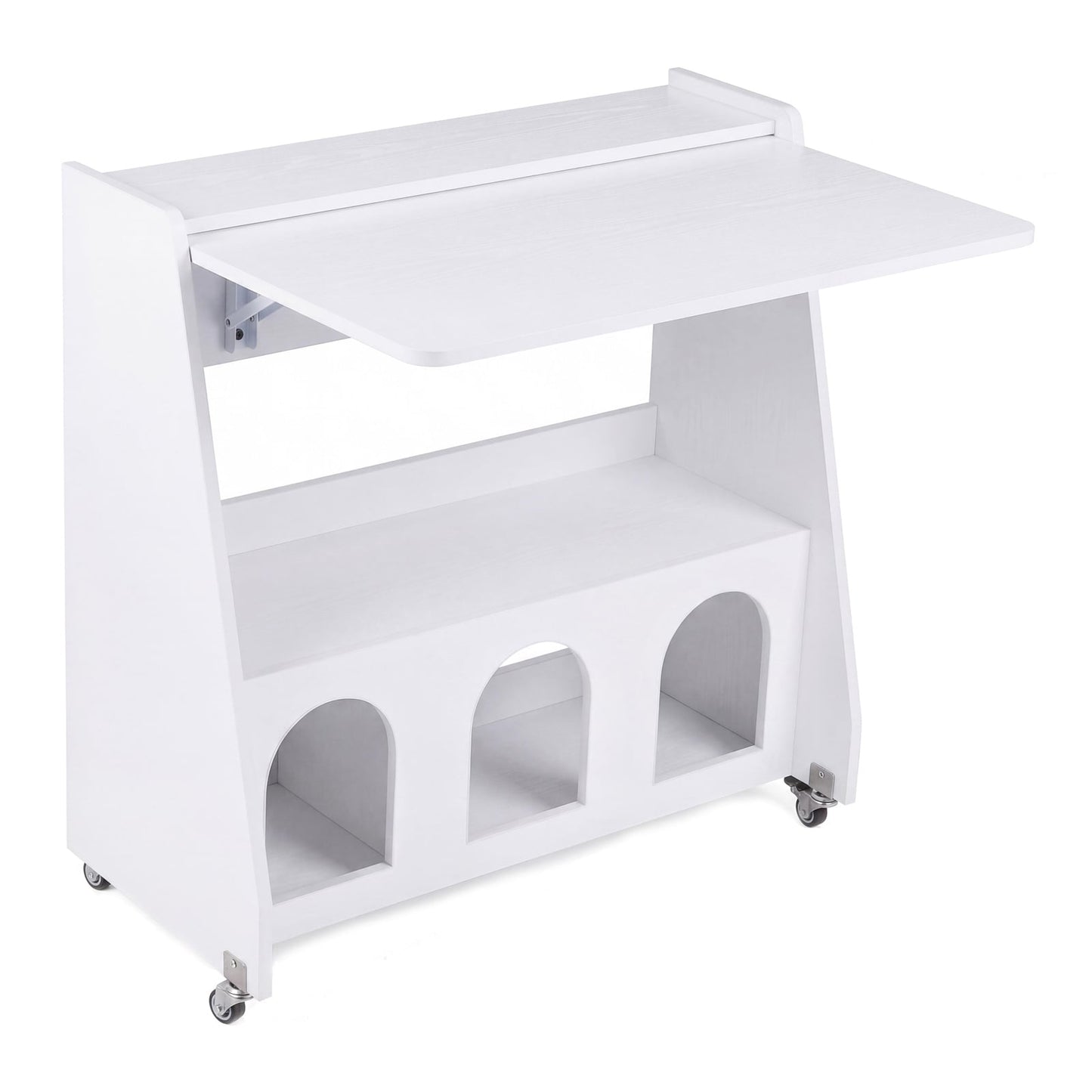 Folding Desk on Wheels with Storage Shelves and Compartments for Small Spaces-White