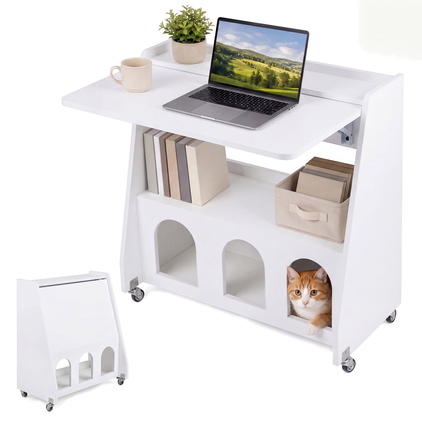 Folding Desk on Wheels with Storage Shelves and Compartments for Small Spaces-White