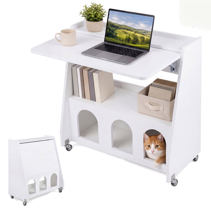 Folding Desk on Wheels with Storage Shelves and Compartments for Small Spaces-White