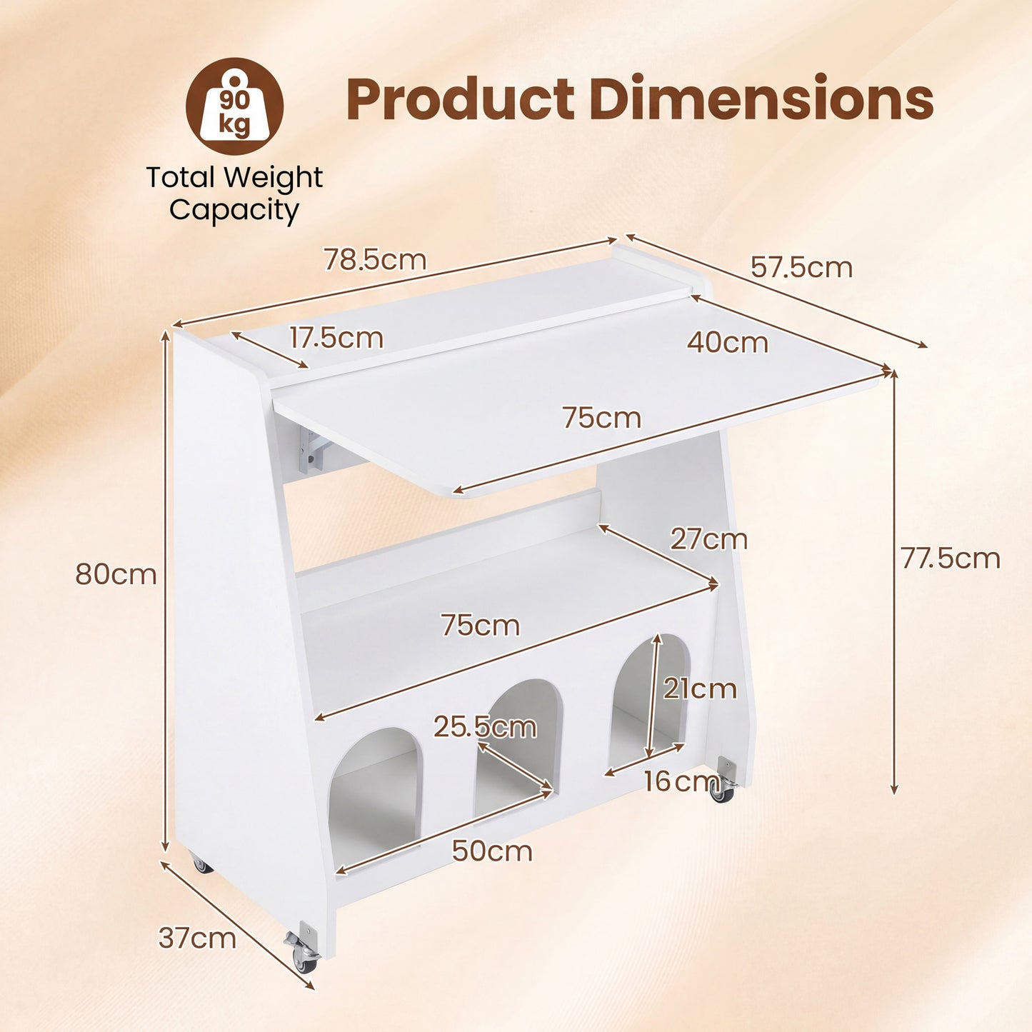 Folding Desk on Wheels with Storage Shelves and Compartments for Small Spaces-White