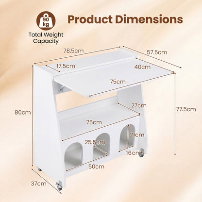 Folding Desk on Wheels with Storage Shelves and Compartments for Small Spaces-White