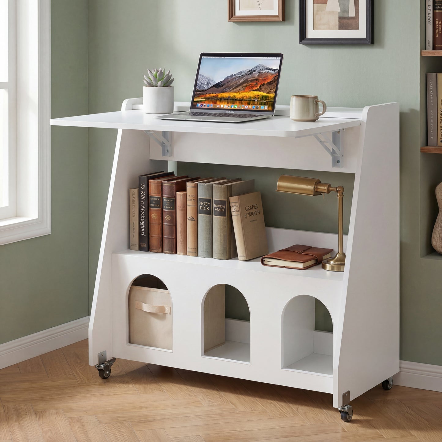 Folding Desk on Wheels with Storage Shelves and Compartments for Small Spaces-White
