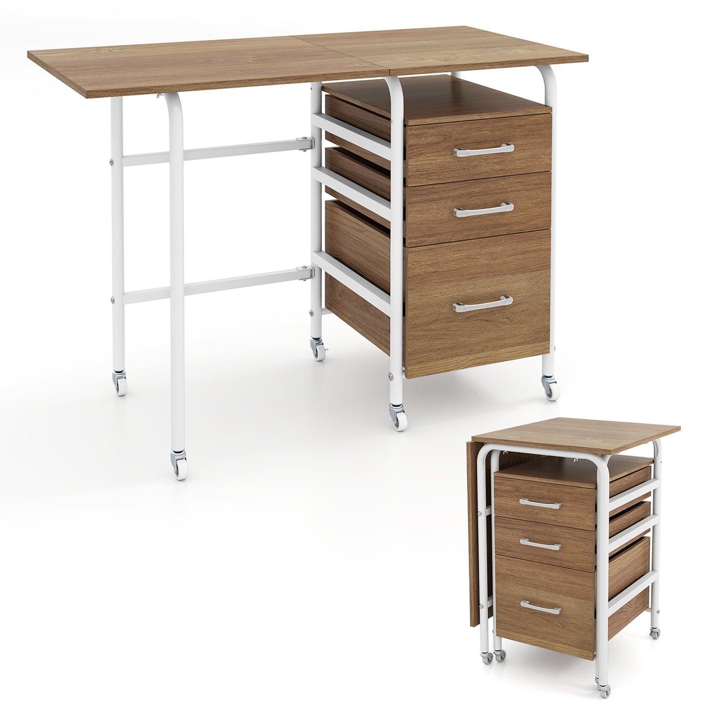 Folding Desk with 3 Drawers Storage & Rolling Wheels for Living Room Space-Saving-Natural