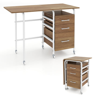 Folding Desk with 3 Drawers Storage & Rolling Wheels for Living Room Space-Saving-Natural