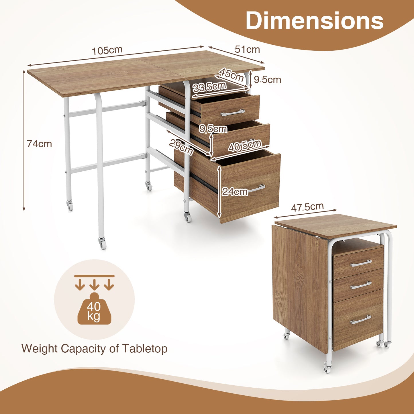 Folding Desk with 3 Drawers Storage & Rolling Wheels for Living Room Space-Saving-Natural