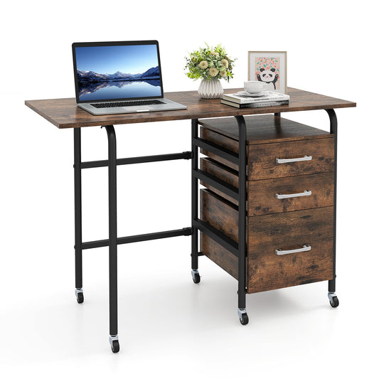 Folding Desk with 3 Drawers Storage & Rolling Wheels for Living Room Space-Saving-Rustic Brown