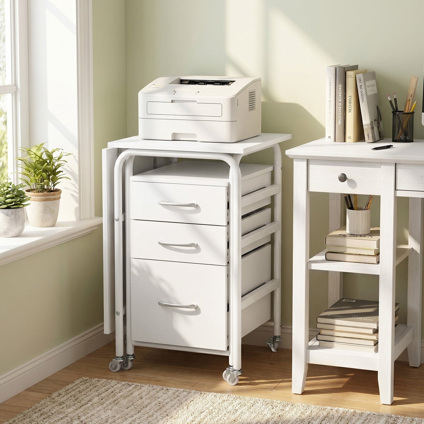 Folding Desk with 3 Drawers Storage & Rolling Wheels for Living Room Space-Saving-White