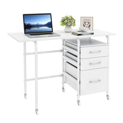 Folding Desk with 3 Drawers Storage & Rolling Wheels for Living Room Space-Saving-White