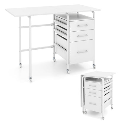 Folding Desk with 3 Drawers Storage & Rolling Wheels for Living Room Space-Saving-White