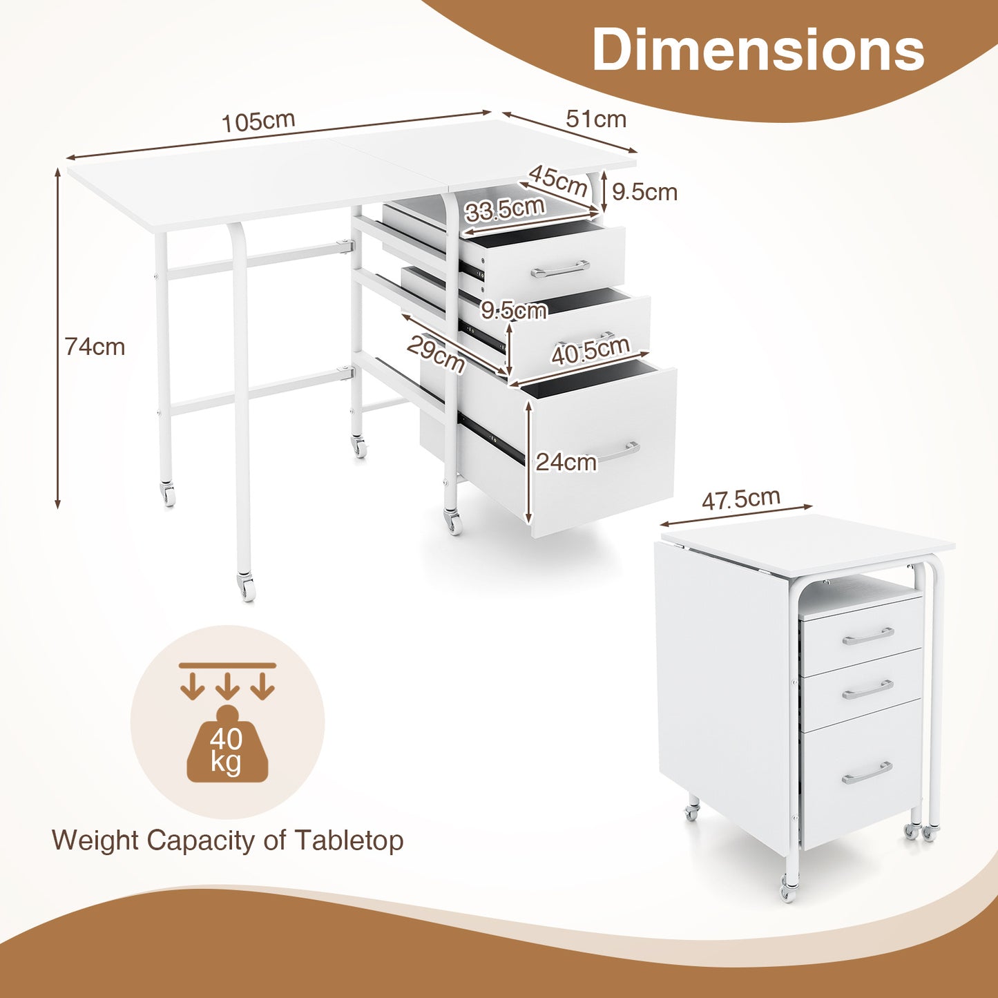 Folding Desk with 3 Drawers Storage & Rolling Wheels for Living Room Space-Saving-White