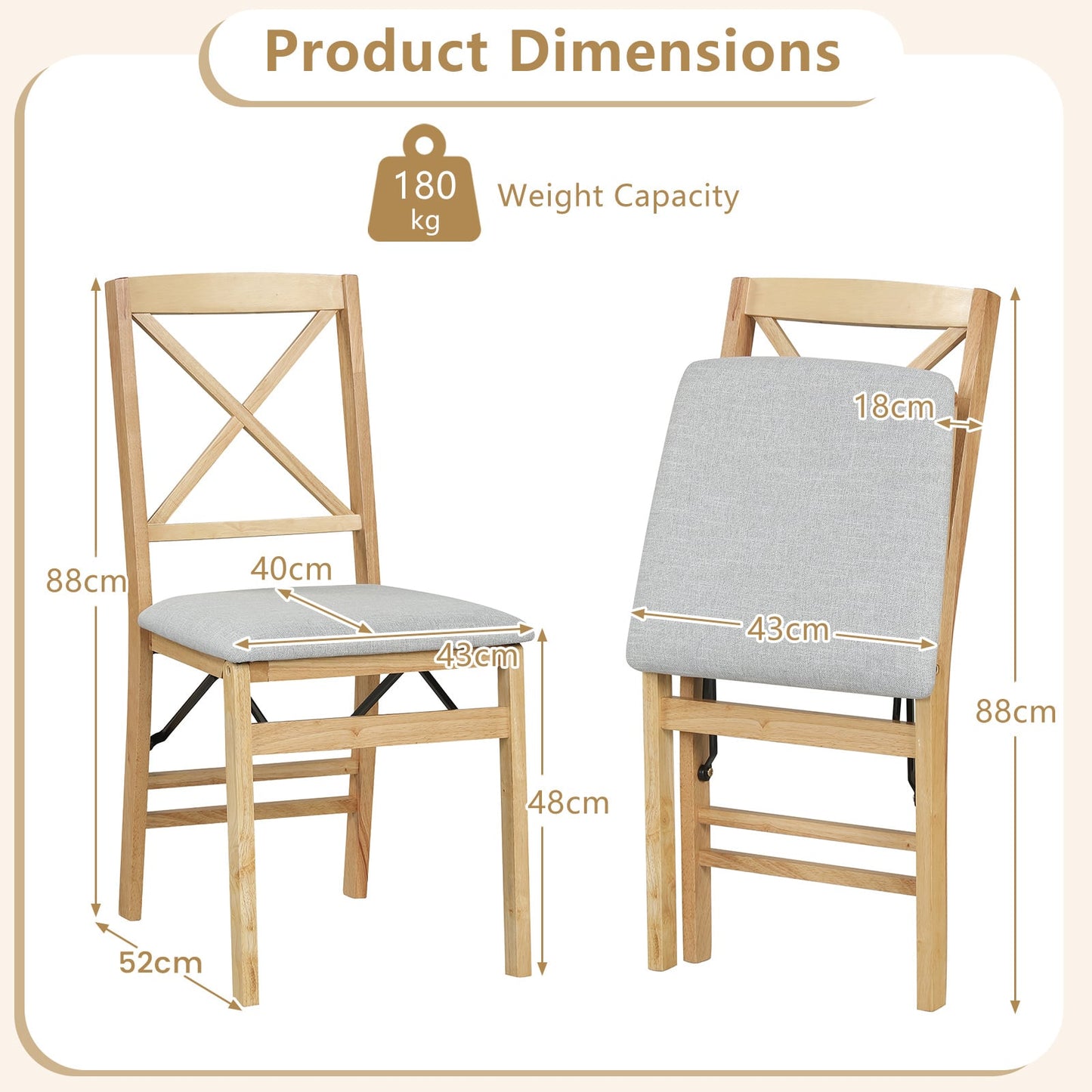 Folding Dining Chairs Set of 2 Kitchen Side Chairs with Padded Seat-Natural