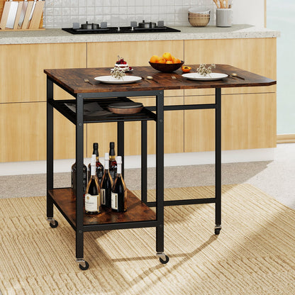 Folding Dining Table Movable Kitchen Table with Wine Rack Storage Shelf and Wheels-Rustic Brown