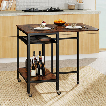 Folding Dining Table Movable Kitchen Table with Wine Rack Storage Shelf and Wheels-Rustic Brown