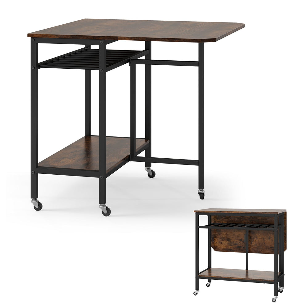 Folding Dining Table Movable Kitchen Table with Wine Rack Storage Shelf and Wheels-Rustic Brown