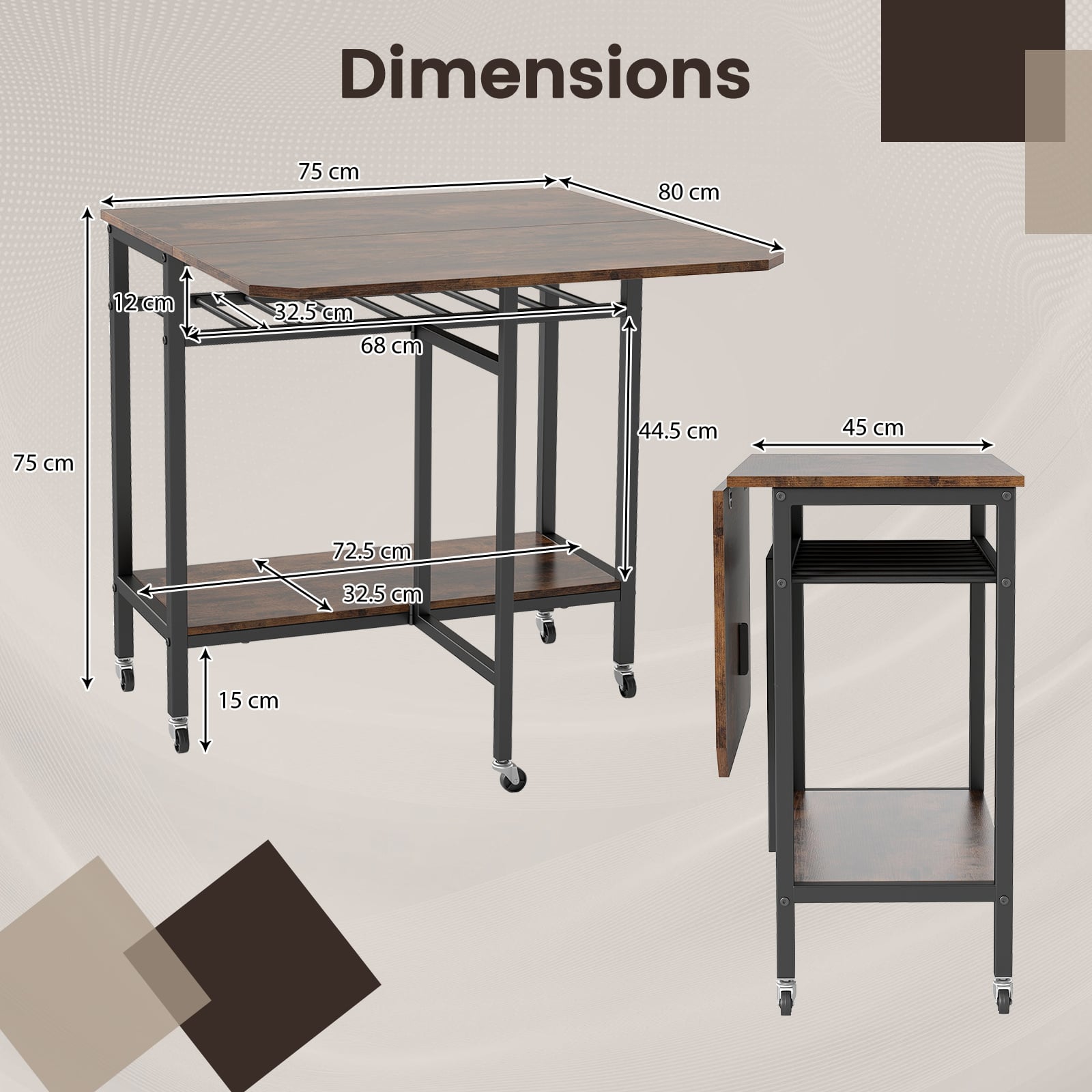 Folding Dining Table Movable Kitchen Table with Wine Rack Storage Shelf and Wheels-Rustic Brown