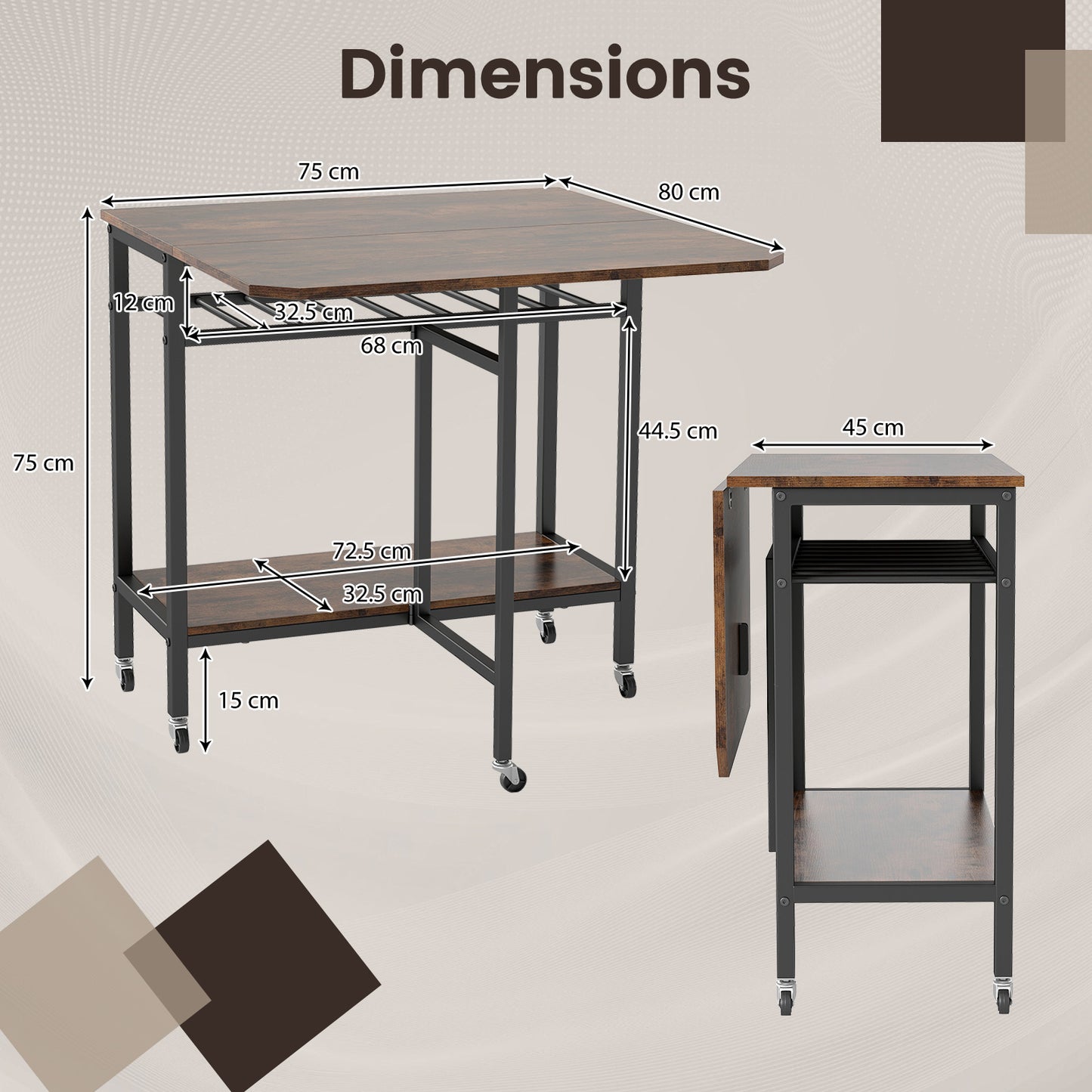 Folding Dining Table Movable Kitchen Table with Wine Rack Storage Shelf and Wheels-Rustic Brown