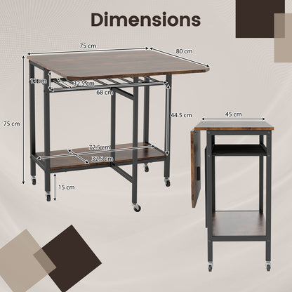 Folding Dining Table Movable Kitchen Table with Wine Rack Storage Shelf and Wheels-Rustic Brown
