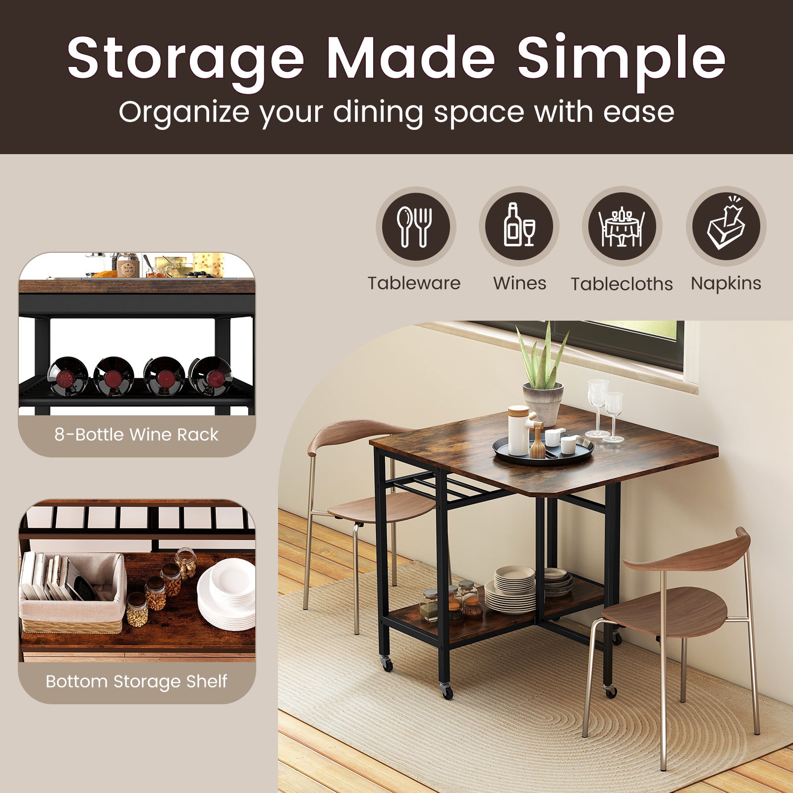Folding Dining Table Movable Kitchen Table with Wine Rack Storage Shelf and Wheels-Rustic Brown