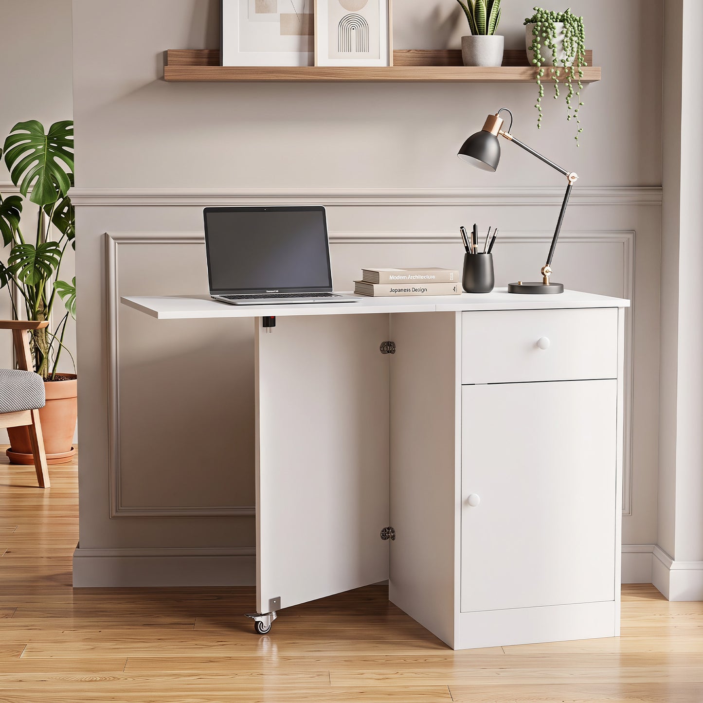 Folding Dining Table with Drawer & Storage Cabinet for Dining Room Living Room-White