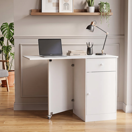 Folding Dining Table with Drawer & Storage Cabinet for Dining Room Living Room-White