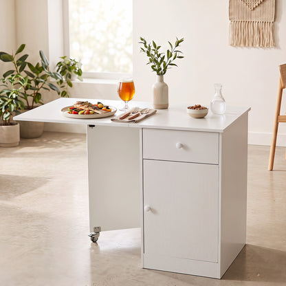Folding Dining Table with Drawer & Storage Cabinet for Dining Room Living Room-White