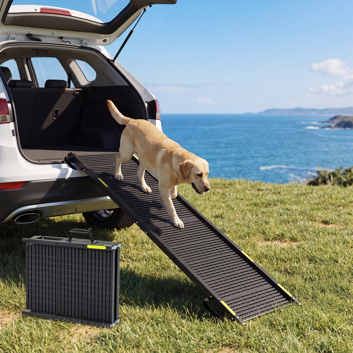 Folding Dog Ramp for Car 64.5"L x 16"W Portable Pet Ramp with Plastic Non-Slip Surface-Black