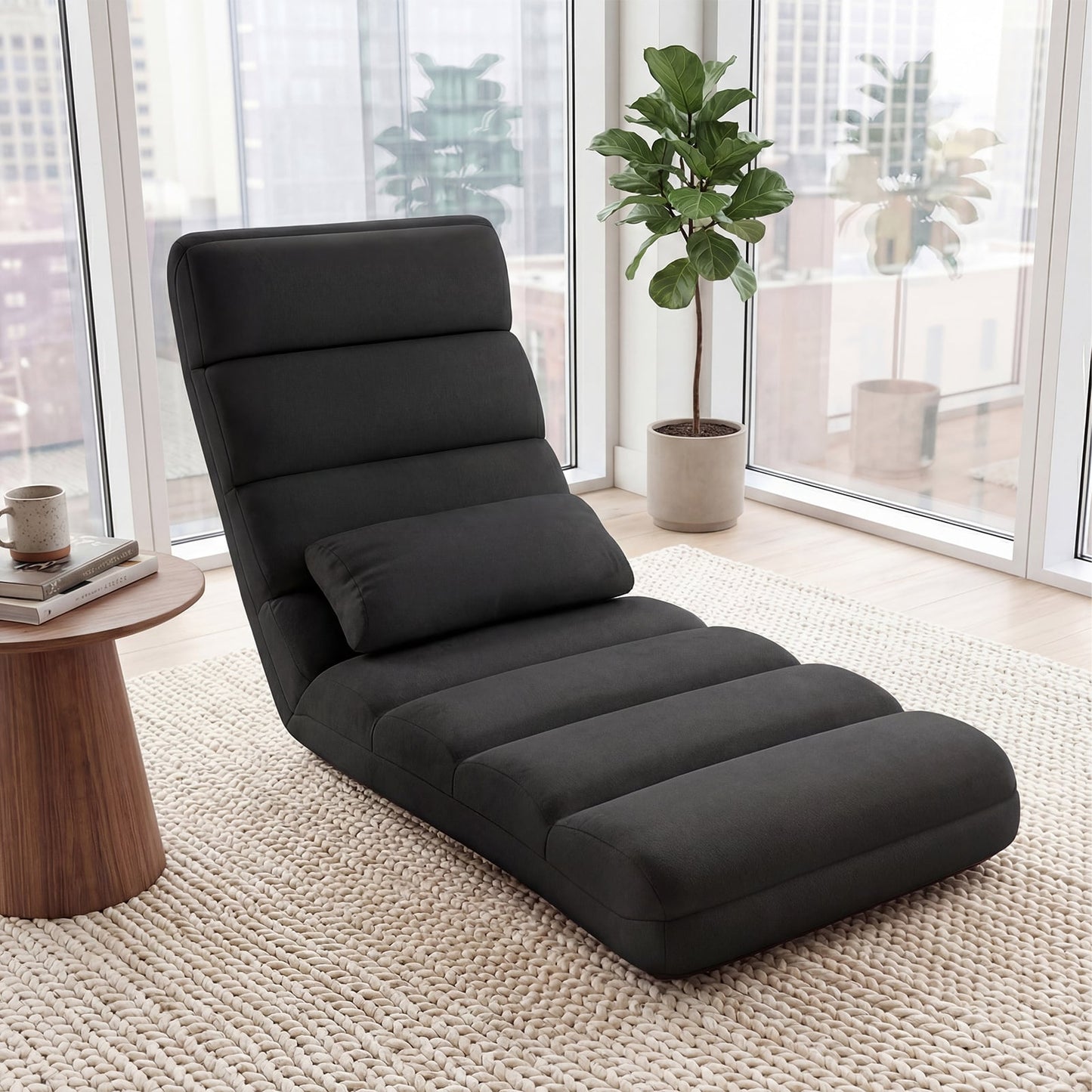Folding Floor Lazy Sofa Chaise Lounge Sofa with Pillow-Black