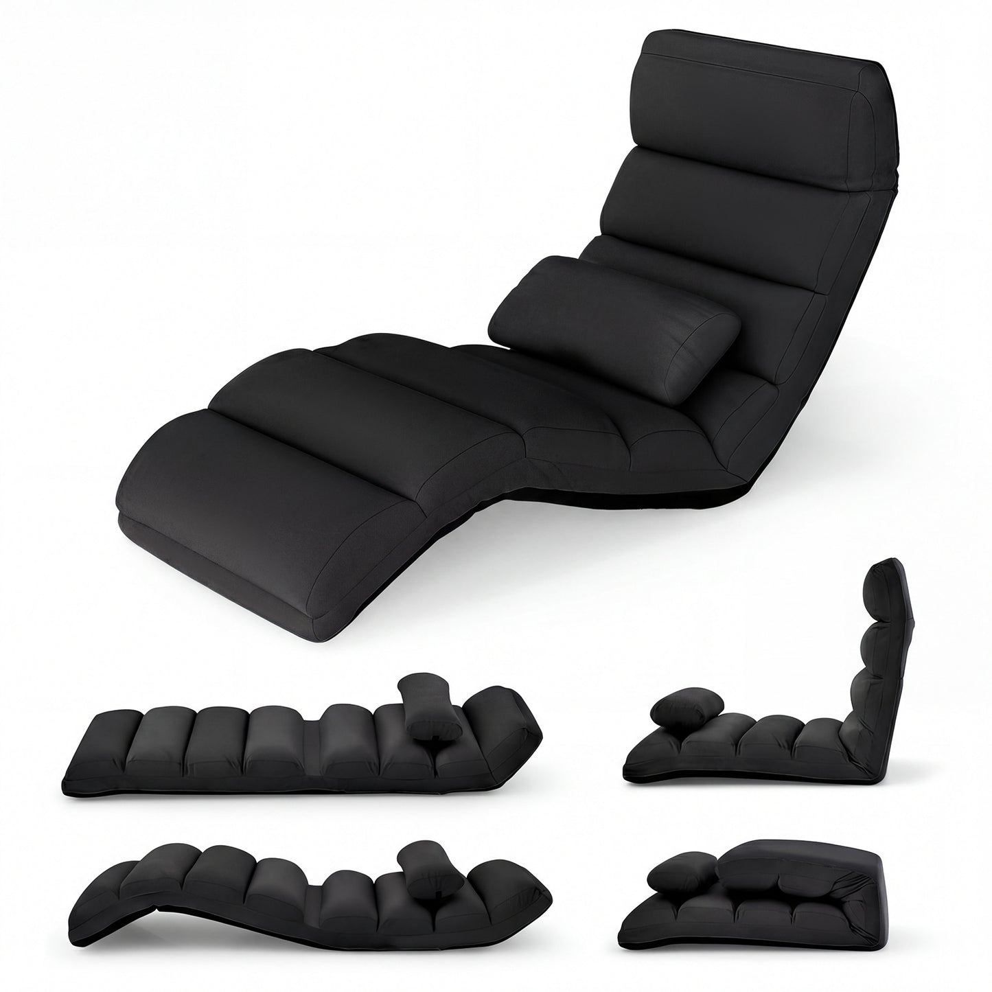 Folding Floor Lazy Sofa Chaise Lounge Sofa with Pillow-Black