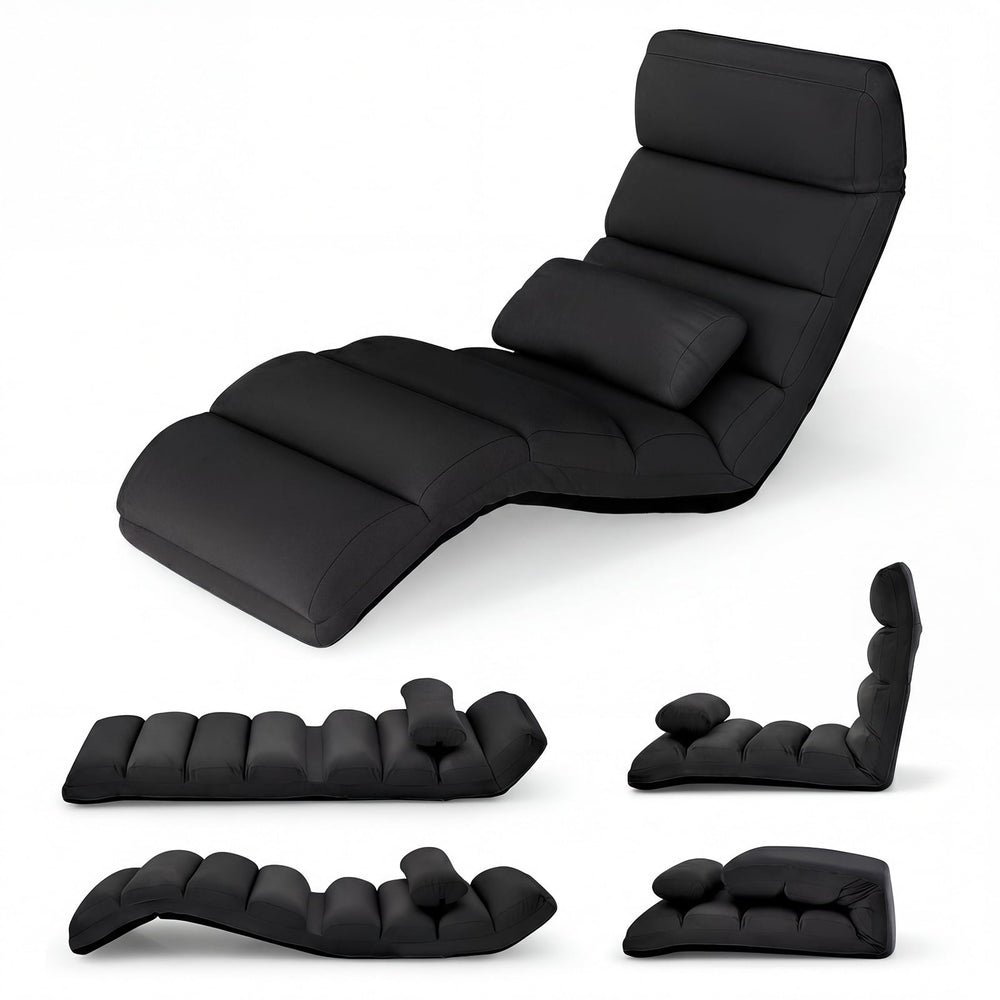 Folding Floor Lazy Sofa Chaise Lounge Sofa with Pillow-Black
