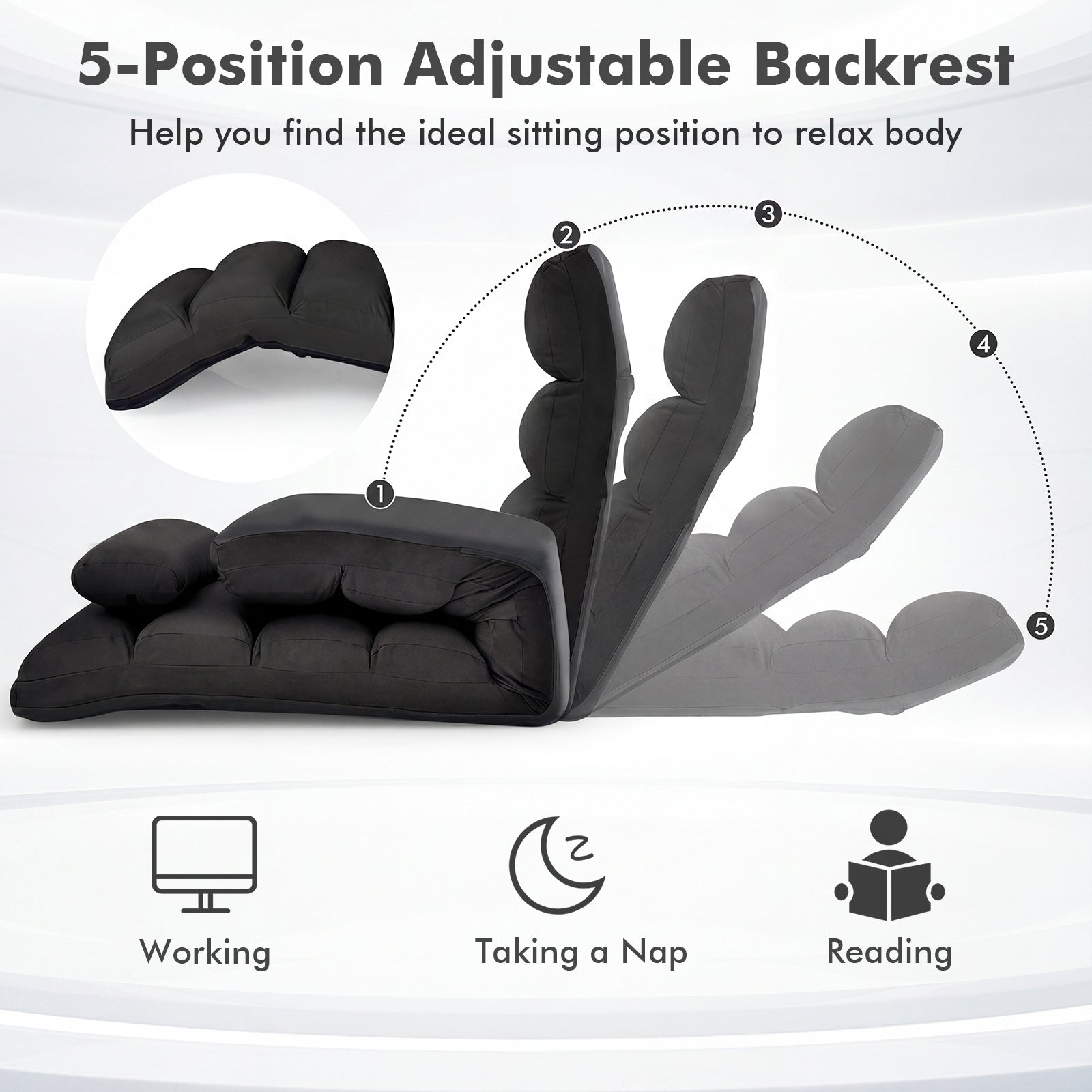 Folding Floor Lazy Sofa Chaise Lounge Sofa with Pillow-Black