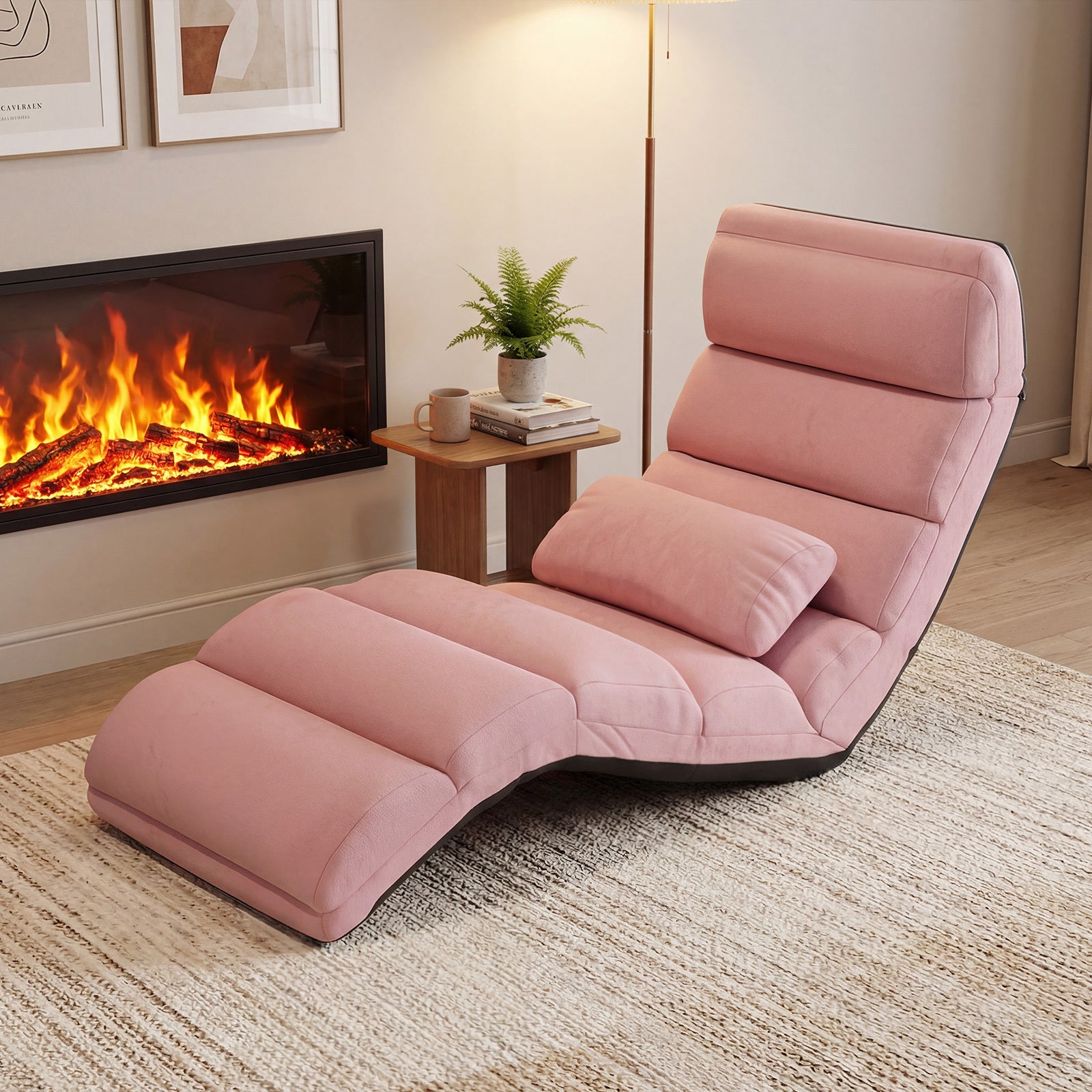Folding Floor Lazy Sofa Chaise Lounge Sofa with Pillow-Pink