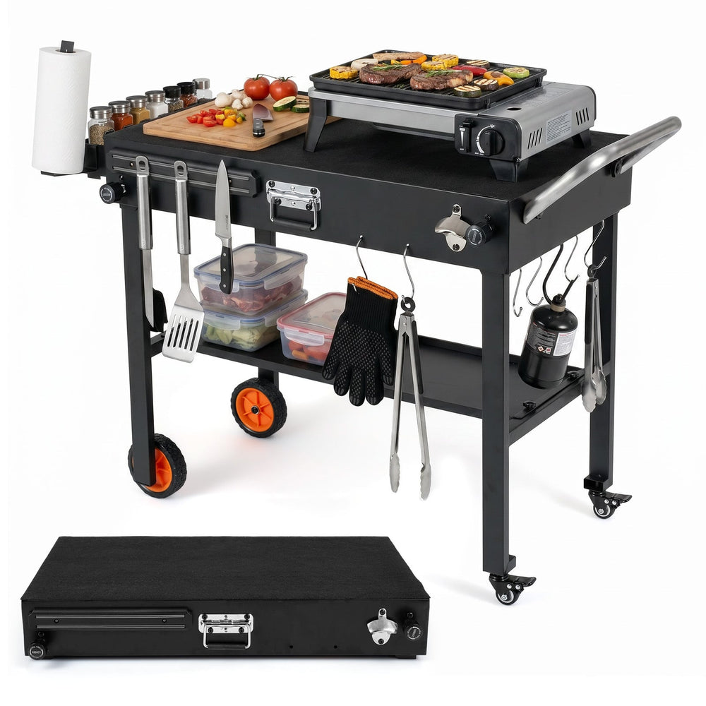 Folding Grill Cart with Heat-Resistant Mat and Lockable Wheels