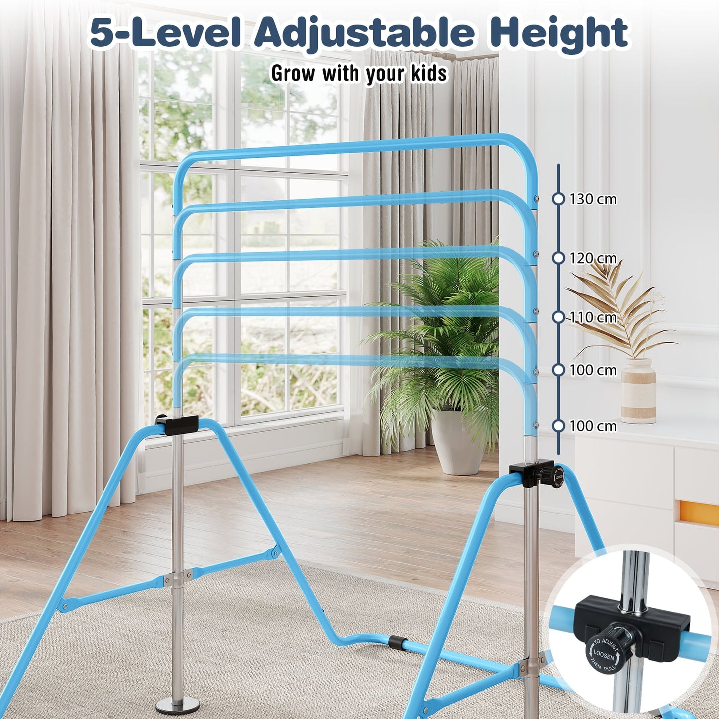 Folding Gymnastics Bar for Kids Height Adjustable Horizontal Kip Training Bar-Blue