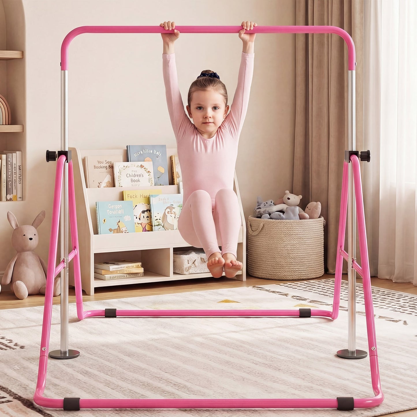 Folding Gymnastics Bar for Kids Height Adjustable Horizontal Kip Training Bar-Pink