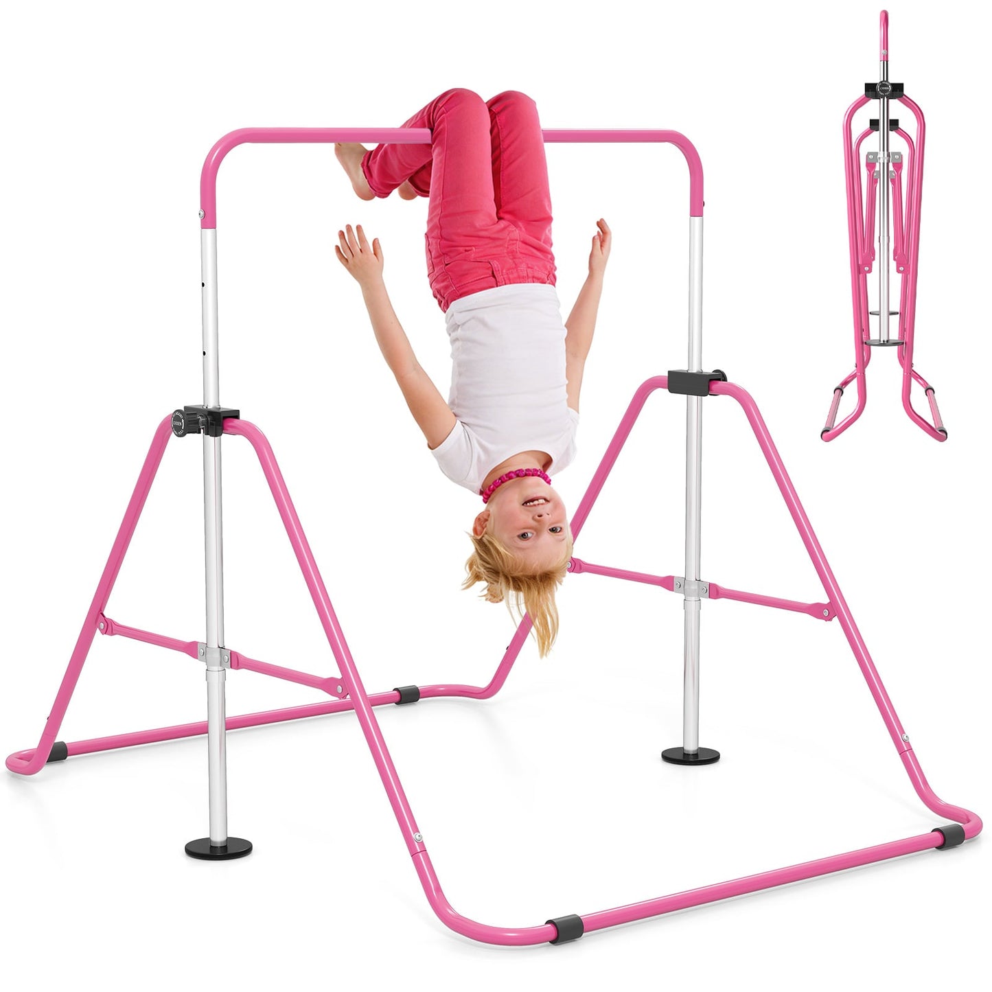 Folding Gymnastics Bar for Kids Height Adjustable Horizontal Kip Training Bar-Pink