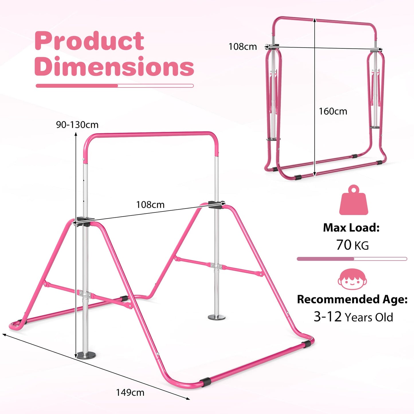 Folding Gymnastics Bar for Kids Height Adjustable Horizontal Kip Training Bar-Pink